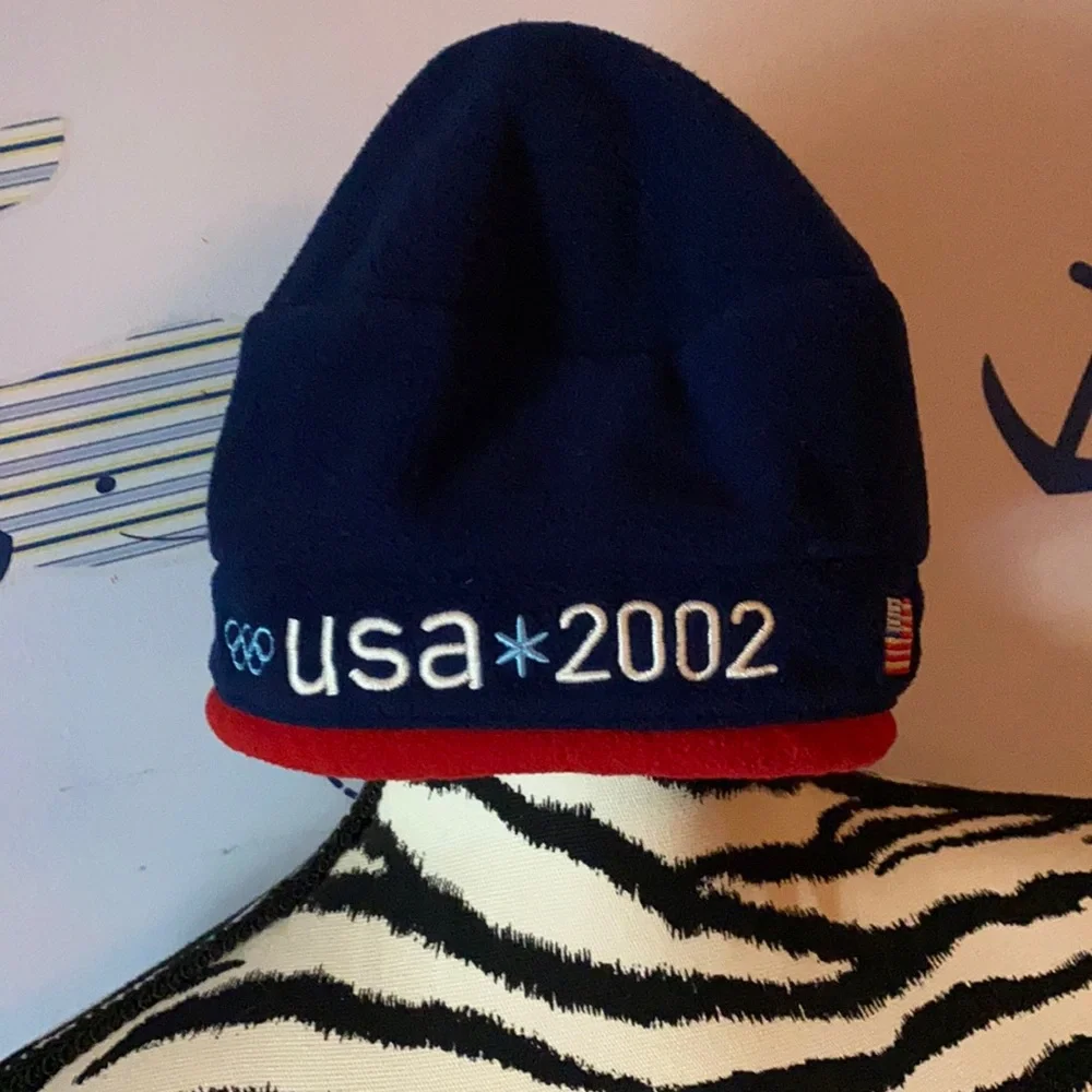 Roots USA Olympic red and blue beanie fleece pull to tighten